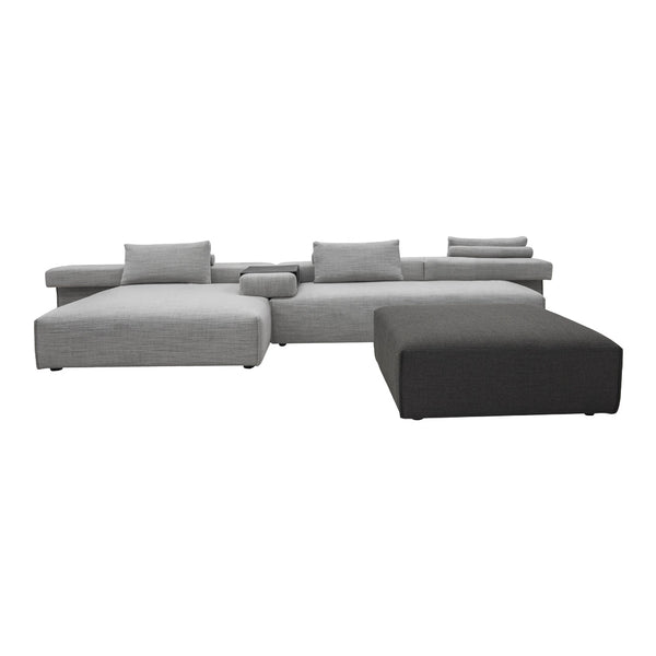 Gray sectional sofa with contrasting light and dark tones, featuring a smooth, textured fabric. Perfect for modern decor.