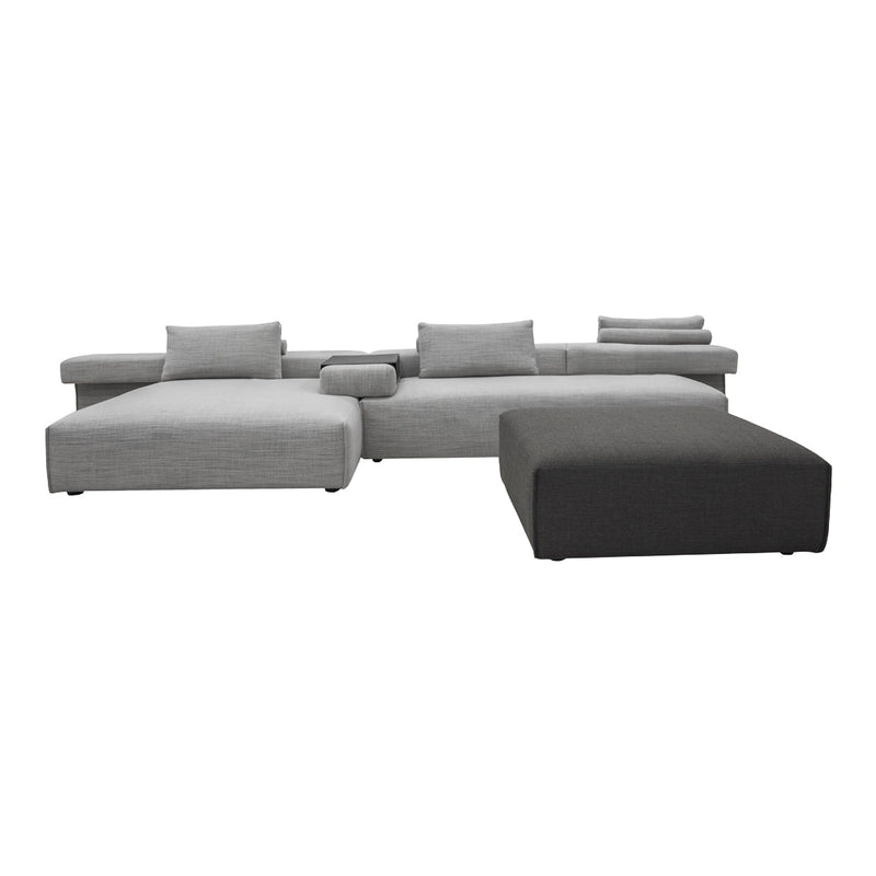 Gray sectional sofa with contrasting light and dark tones, featuring a smooth, textured fabric. Perfect for modern decor.