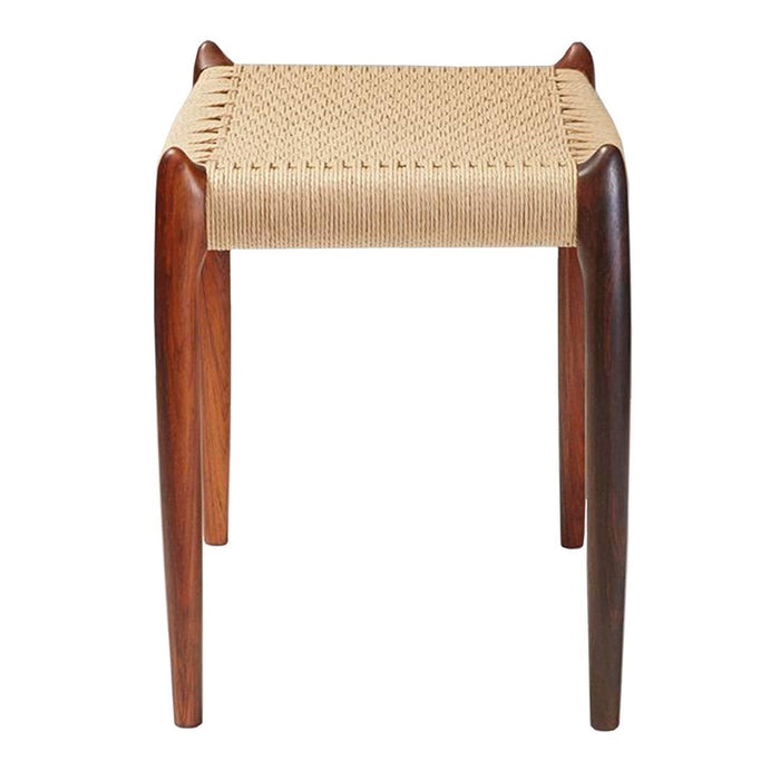 Natural woven seat with rich brown wooden legs, featuring a minimalistic design and earthy tones.