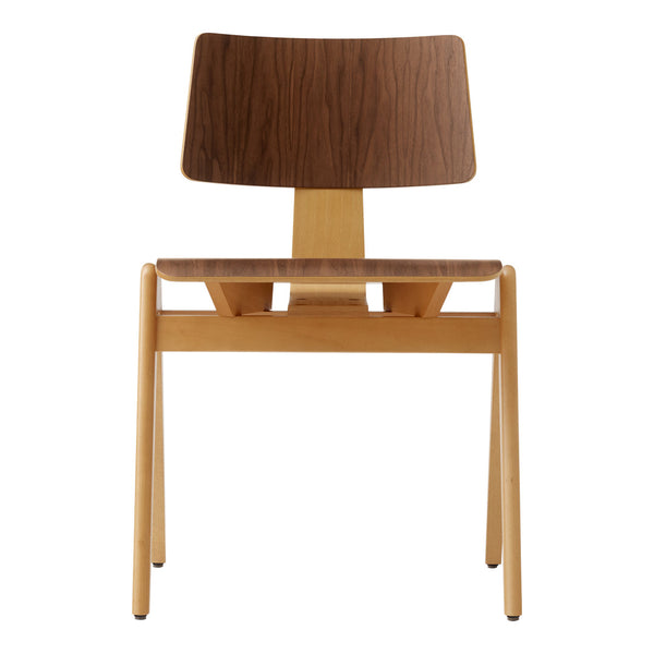 Wooden chair featuring a warm walnut finish and a light maple base, showcasing a minimalist design with smooth lines.