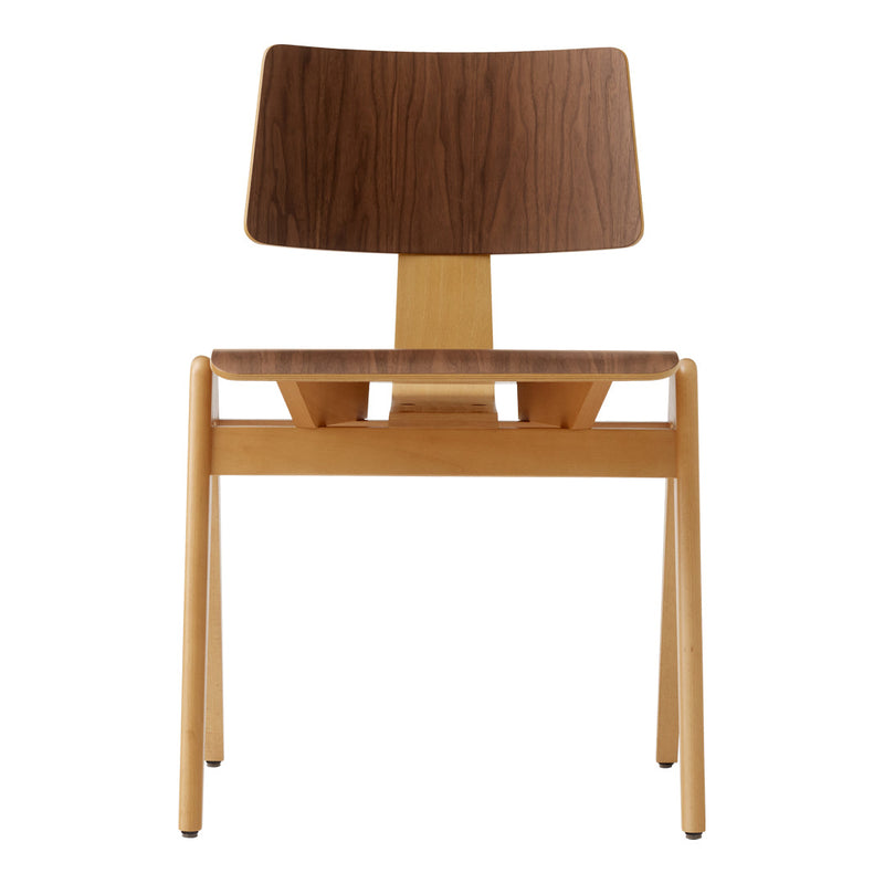 Wooden chair featuring a warm walnut finish and a light maple base, showcasing a minimalist design with smooth lines.