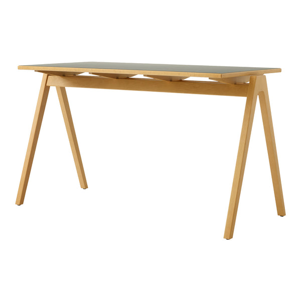 "Contemporary wooden desk in light natural wood with a sleek gray tabletop and minimalist design."