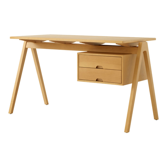 Light wood desk with a smooth finish, featuring angular legs and two minimalist drawers for a modern look.