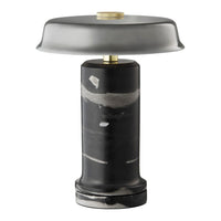 Black and gray marbled lamp base with a sleek metallic gray shade and brass accent. Elegant and modern design.