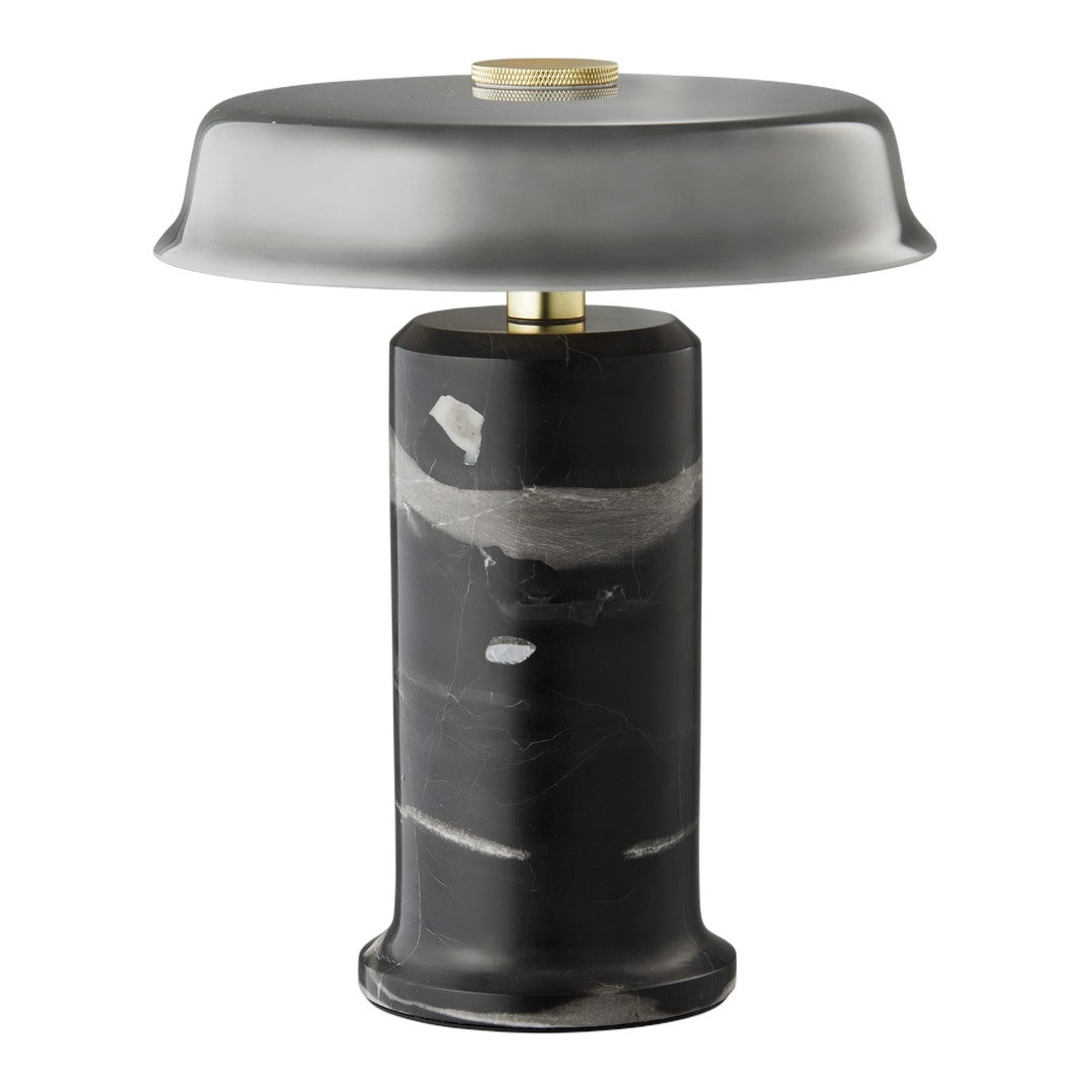 Sleek black and gray table lamp with a smooth, matte finish and subtle marble patterns, accented by a brass knob.