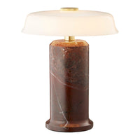 Brown marble lamp with white glass shade and gold accents, featuring rich veining and a sleek, modern design.