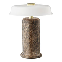 Elegant brown marble lamp base with a sleek white glass shade and brass accent, perfect for modern decor.