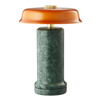 Green marble base lamp with a vibrant orange glass shade for a modern decor touch.
