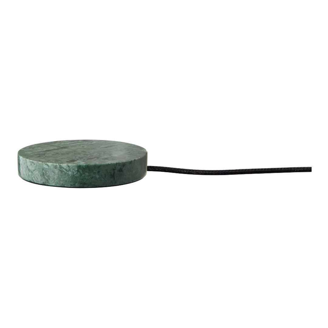 Green marble round lamp base with subtle textures and a sleek black cord. Ideal for modern decor.