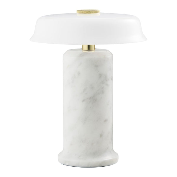 White marble lamp with a frosted glass shade and subtle brass accents, creating a modern, elegant look.