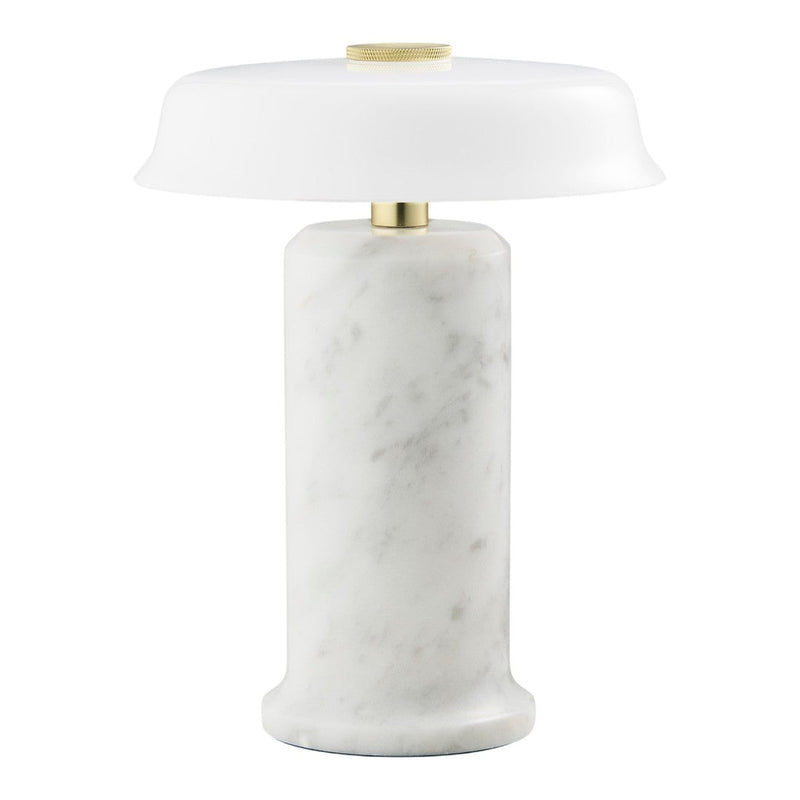 White marble lamp with a frosted glass shade and subtle brass accents, creating a modern, elegant look.