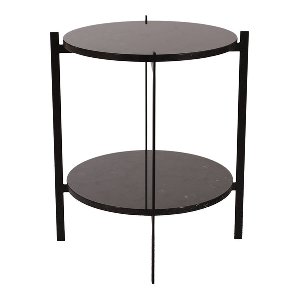 Modern black round side table with two marble-patterned shelves and minimalist metal frame, perfect for contemporary decor.