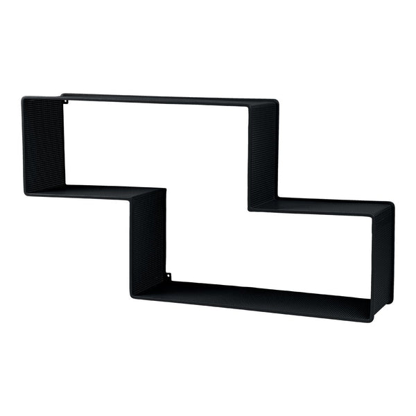 Black geometric wall shelf with a modern zigzag design and clean lines. Ideal for contemporary decor.
