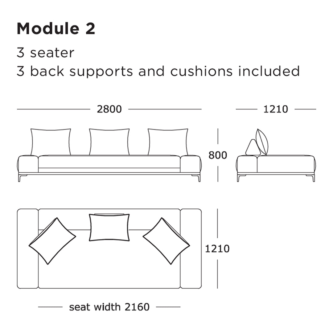 Modern three-seater sofa design with simple lines and neutral color scheme, featuring four decorative cushions.
