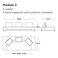 Modern three-seater sofa design with simple lines and neutral color scheme, featuring four decorative cushions.