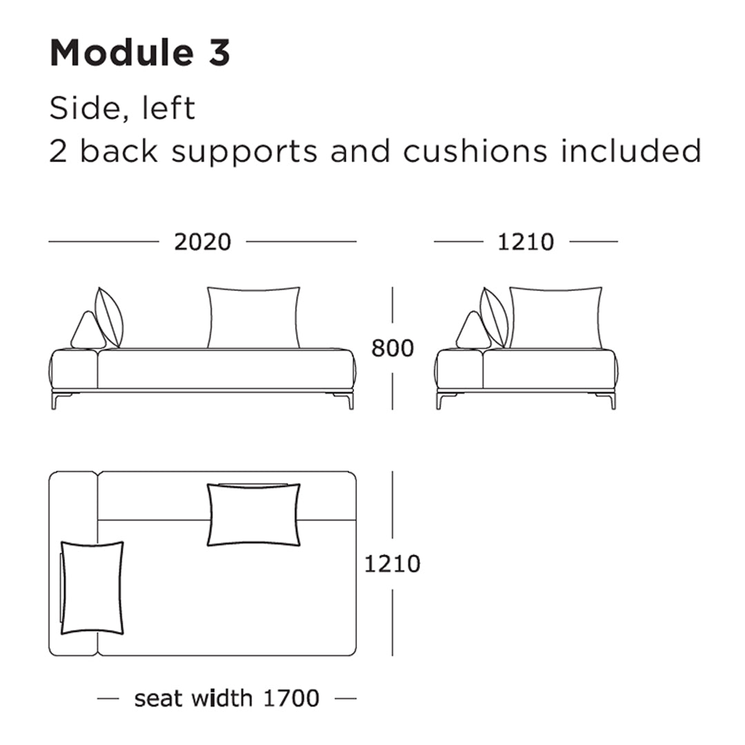 "Diagram of modular sofa in neutral tones with simple geometric patterns, featuring cushions and back supports."