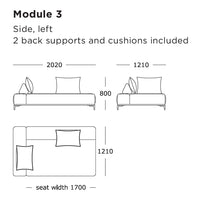 "Diagram of modular sofa in neutral tones with simple geometric patterns, featuring cushions and back supports."