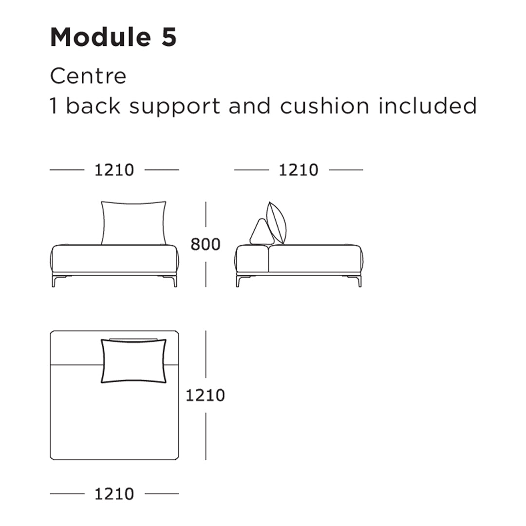 "Minimalist module design with clean lines and neutral colors; features a simple cushion and back support."