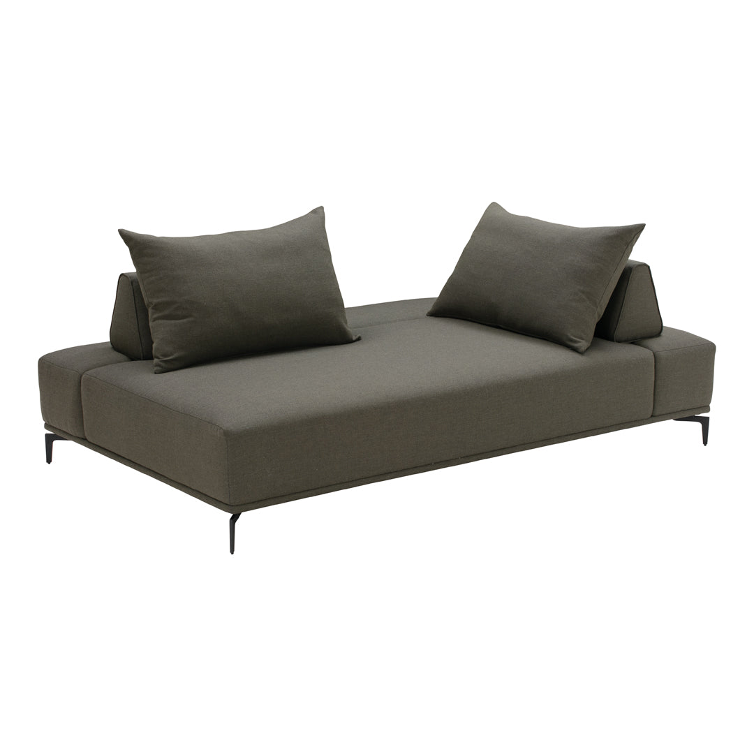 Olive green sofa with smooth fabric and minimalist design, featuring two matching cushions. Modern, sleek aesthetic.