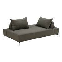 Olive green sofa with smooth fabric and minimalist design, featuring two matching cushions. Modern, sleek aesthetic.