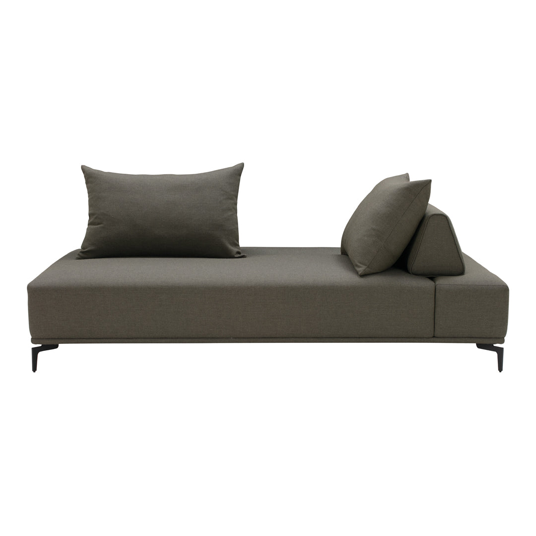 Modern gray sofa with minimalist design and textured fabric cushions in a sleek, contemporary style.