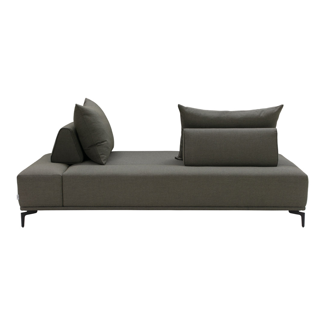 Stylish dark green sofa with smooth fabric and multiple cushions for added comfort. Modern minimalist design.