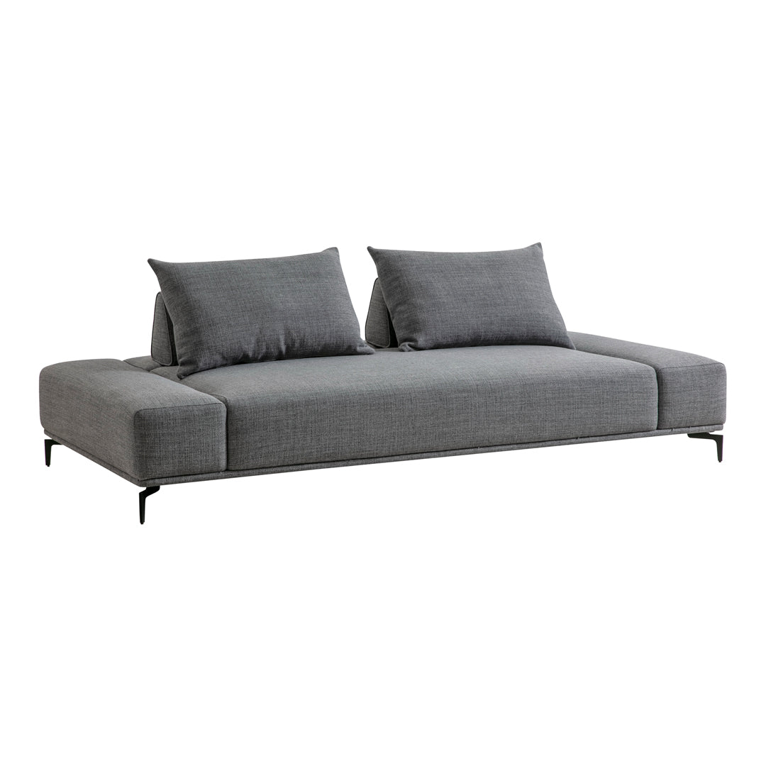 Gray contemporary sofa with minimalistic design, featuring solid color upholstery and plush cushions.