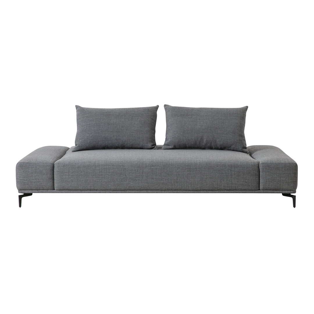 Gray upholstered sofa with sleek, minimalist design and two matching back cushions.