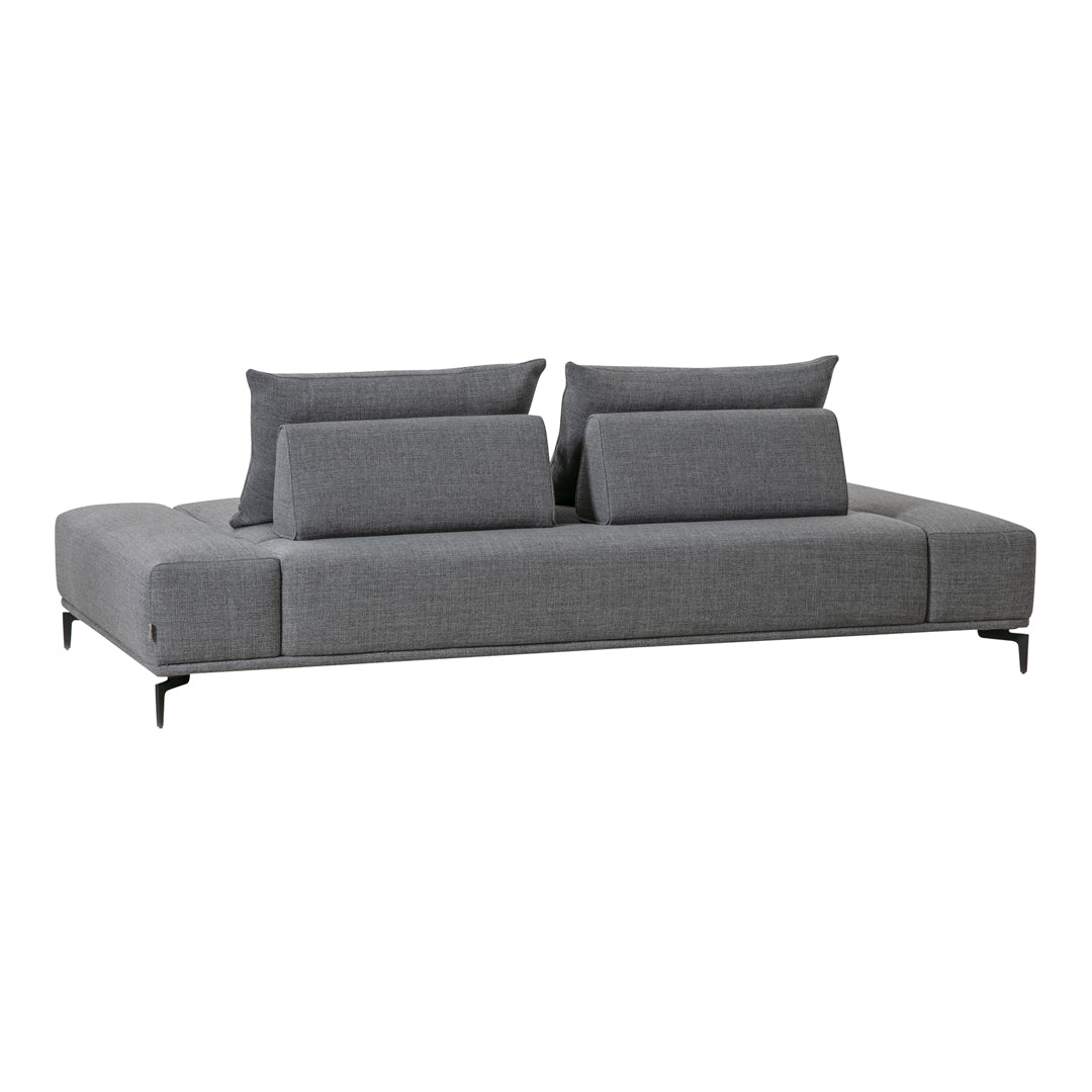 Gray modern sofa with sleek lines and two plush back cushions, perfect for contemporary living spaces.