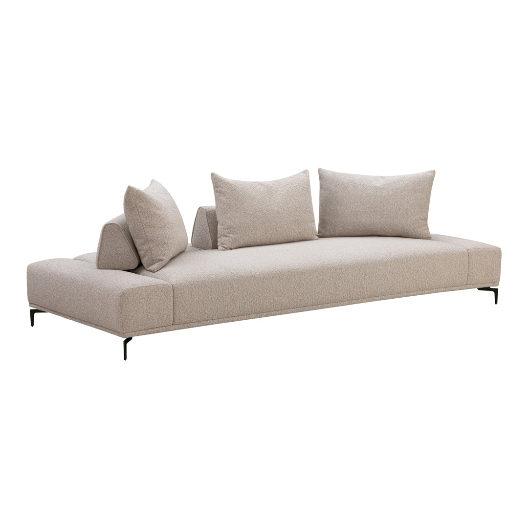Light beige sofa with soft texture and simple, modern lines; includes matching plush cushions for added comfort.