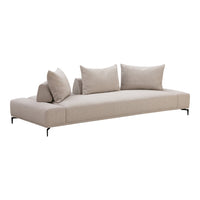Light beige sofa with soft texture and simple, modern lines; includes matching plush cushions for added comfort.