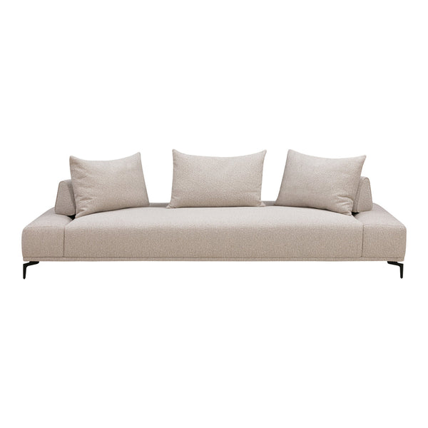 Beige modern sofa with three plush back cushions and sleek black legs, perfect for minimalist decor.