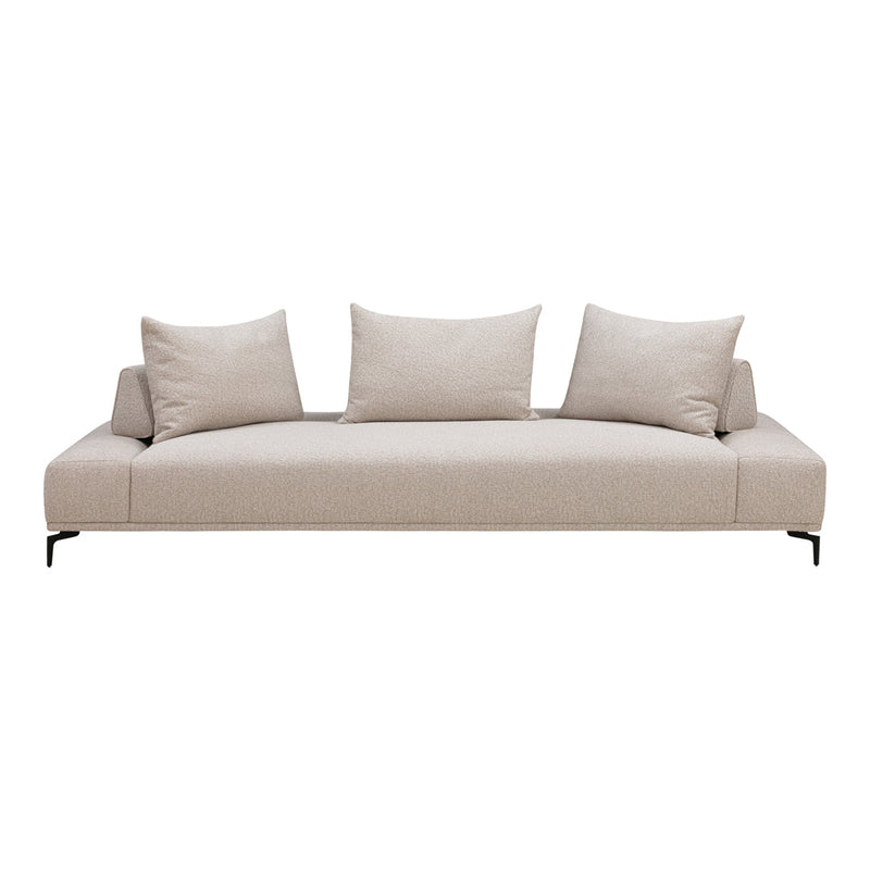 Beige modern sofa with three plush back cushions and sleek black legs, perfect for minimalist decor.