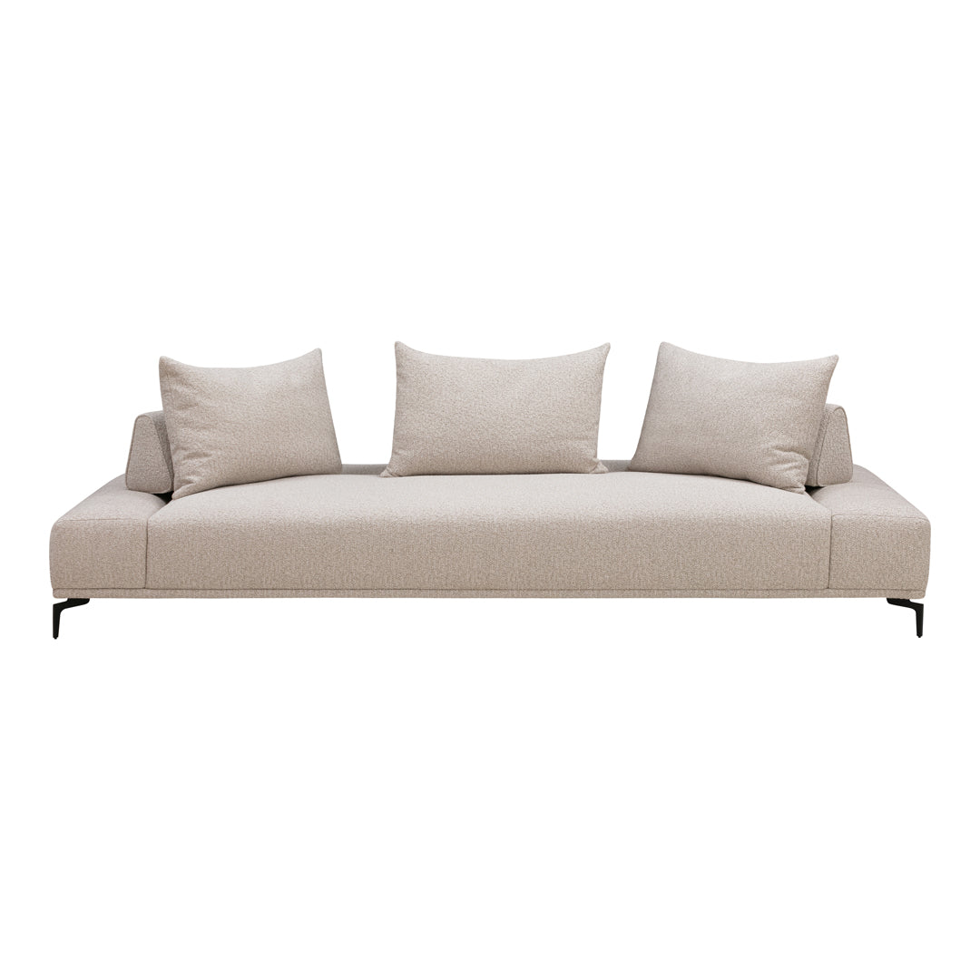 Beige modern sofa with three plush back cushions and sleek black legs, perfect for minimalist decor.