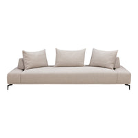Beige modern sofa with three plush back cushions and sleek black legs, perfect for minimalist decor.