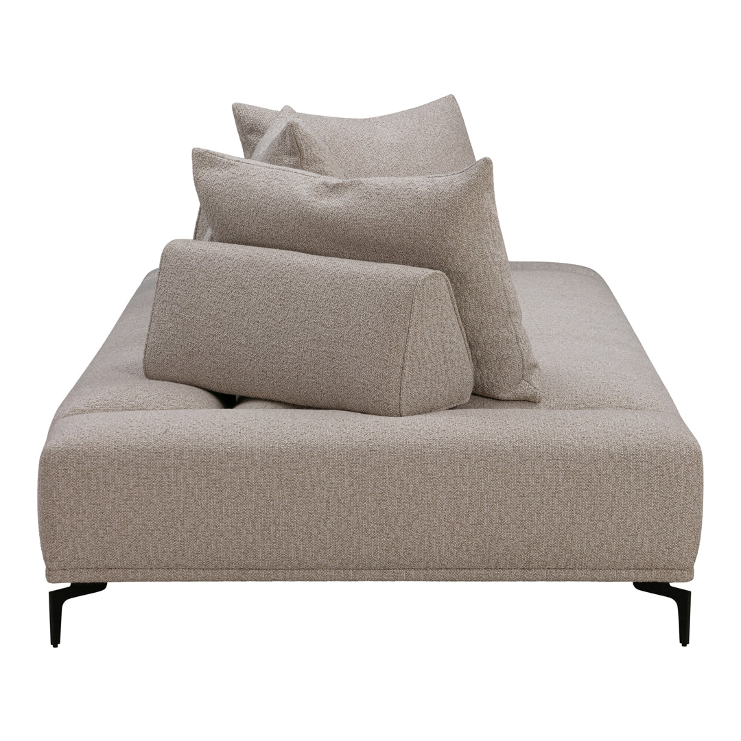 Neutral beige sofa with textured fabric and stylish black legs, featuring soft, plush accent pillows for added comfort.