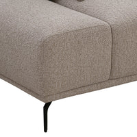Beige textured upholstery with subtle patterns, complemented by sleek black metal legs.