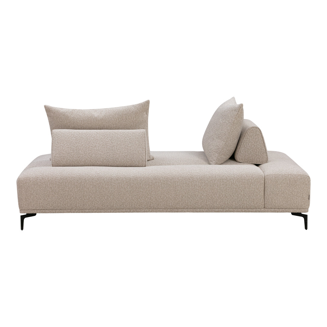 Beige modern sofa with textured fabric, featuring minimalistic design and soft, matching cushions.