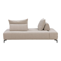 Beige modern sofa with textured fabric, featuring minimalistic design and soft, matching cushions.