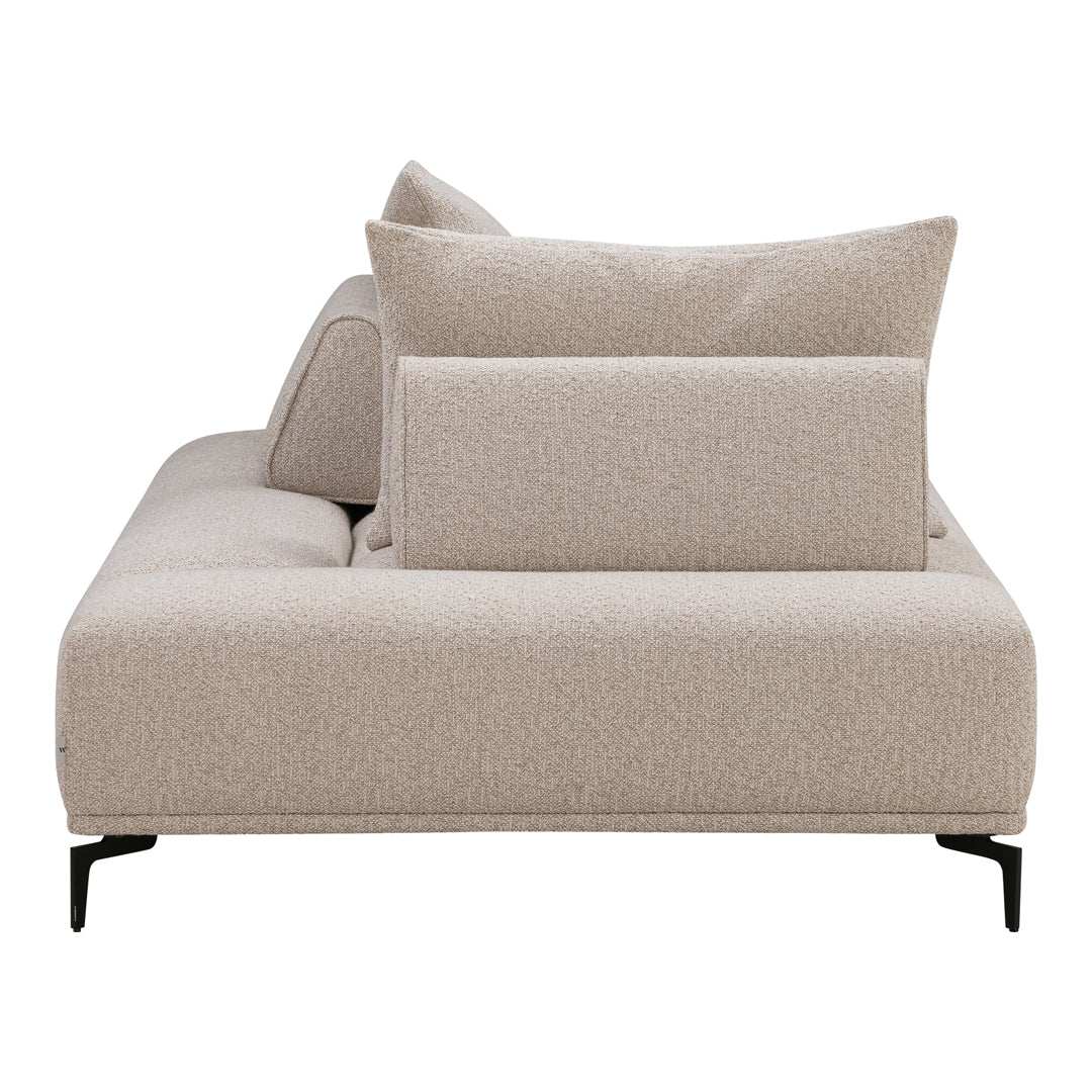 Beige textured fabric sofa with simple, clean lines and plush cushions on a sleek black metal frame.