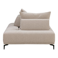Beige textured fabric sofa with simple, clean lines and plush cushions on a sleek black metal frame.