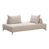 Beige upholstered sofa with minimalist design and two matching pillows, featuring sleek black metal legs.