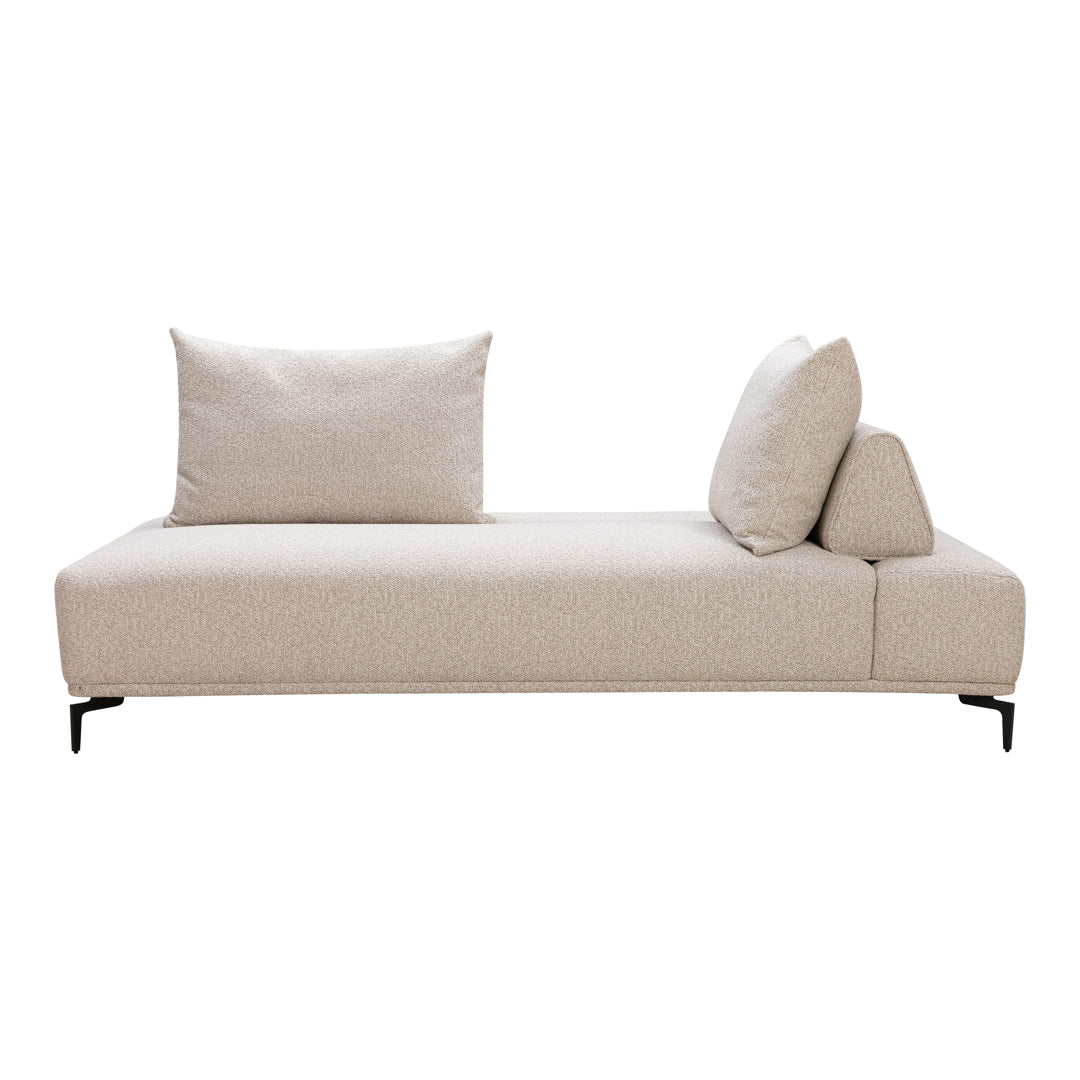 Beige modern sofa with textured fabric and two matching cushions, featuring a minimalist design and sleek black legs.