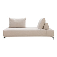 Beige modern sofa with textured fabric and two matching cushions, featuring a minimalist design and sleek black legs.