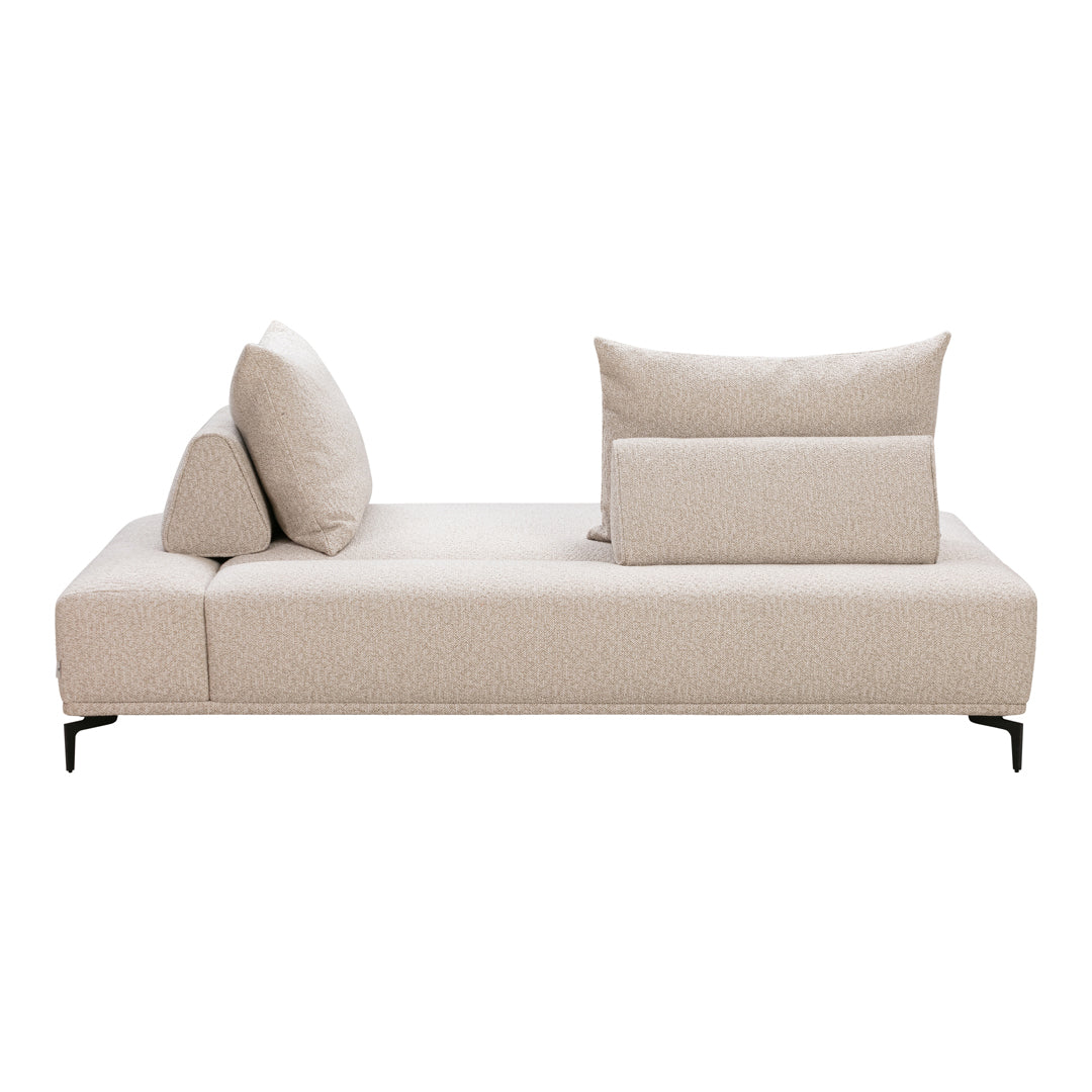 Beige modern sofa with soft texture and minimalist design, featuring two accent pillows in matching hues.