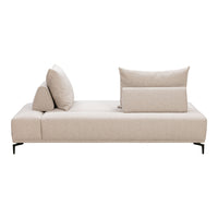 Beige modern sofa with soft texture and minimalist design, featuring two accent pillows in matching hues.