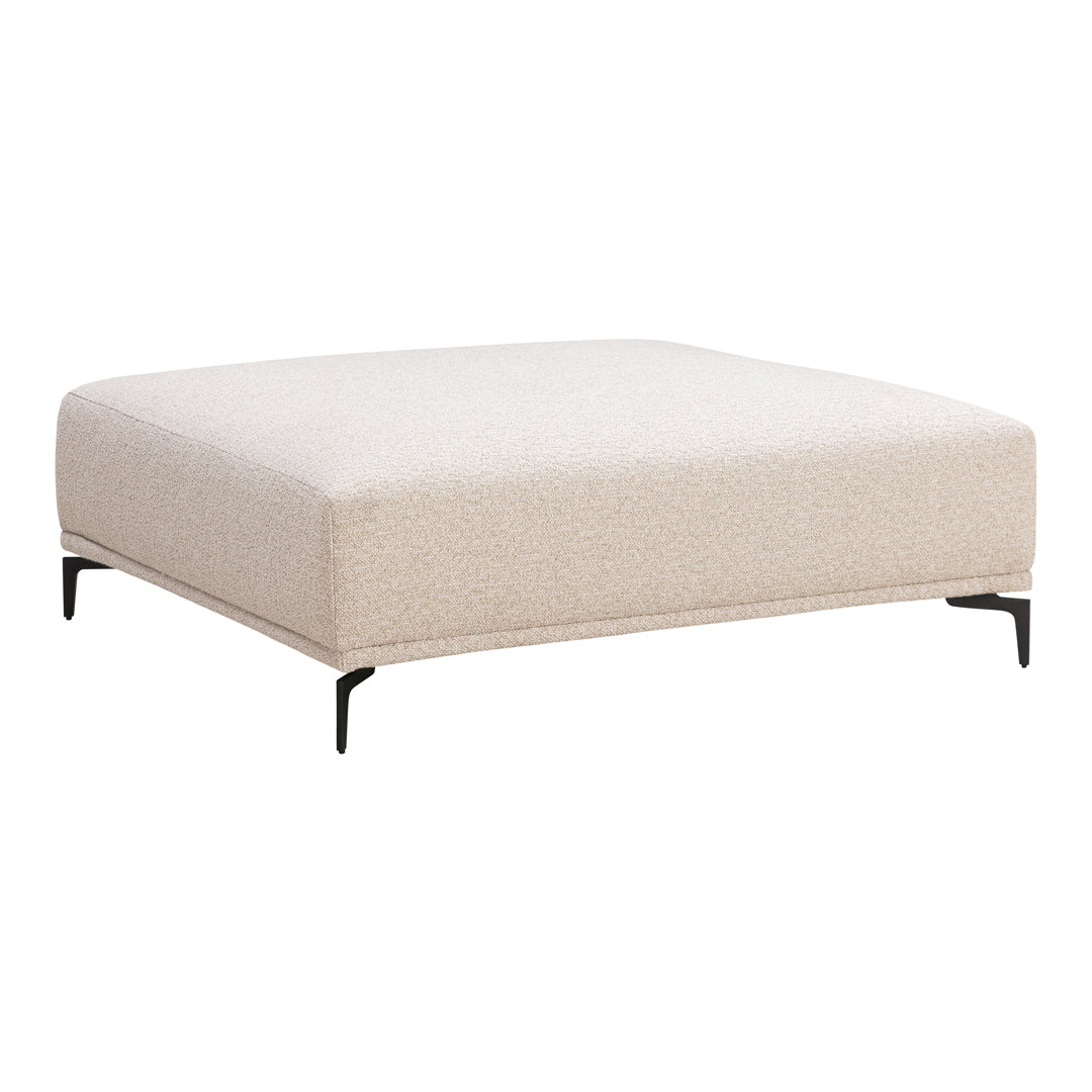 Beige square ottoman with a textured fabric and sleek black metal legs, perfect for modern decor.