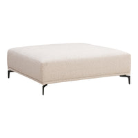 Beige square ottoman with a textured fabric and sleek black metal legs, perfect for modern decor.