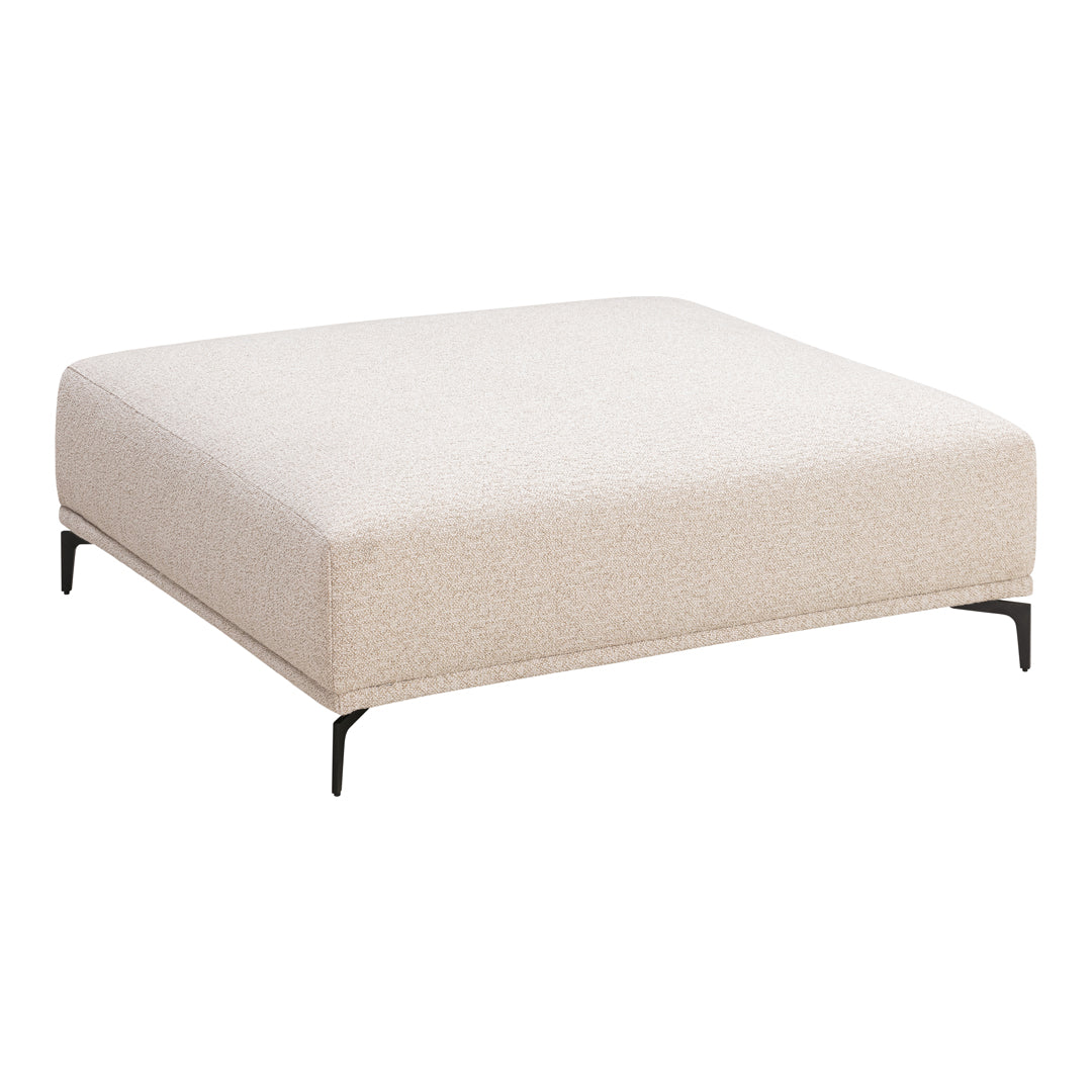 Beige square ottoman on black metal legs, featuring a smooth, solid fabric texture. Perfect for modern decor.