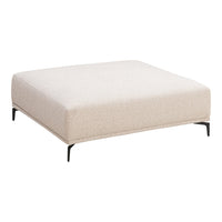 Beige square ottoman on black metal legs, featuring a smooth, solid fabric texture. Perfect for modern decor.